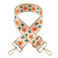Dettaglio della tracolla regolabile in tela con motivi a stella e moschettoni dorati - Beige/Arancione