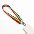 Close-up of rainbow striped nylon shoulder strap with silver metal buckles and clip - Rainbow