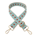Detail view of adjustable ethnic style bag strap with blue geometric patterns and gold clips - Sky Blue-Deep Flesh Pink Square