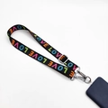 Detail of black fabric phone strap with colorful LOVE text and silver metal buckles - Colorful Love