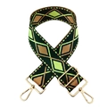 Detail of adjustable woven strap with green and brown geometric star patterns and gold hooks - Black with Green Khaki Diamond