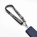 Detail of adjustable black nylon phone lanyard with white text and silver metal hooks - White Letters