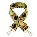 Detail of adjustable geometric strap with brown, black, and green woven pattern and gold clips - Khaki with Black Green Diamond