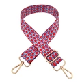 Close-up of colorful peacock patterned woven bag strap with golden lobster clasps - Red Blue Dark Purple (Gold Buckle)