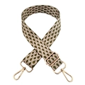 Close-up of adjustable 3.8cm wide green and pink woven bag strap with gold lobster clasps - Lotus Pink Army Green + Silver Buckle
