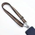 Detail of adjustable crossbody phone strap with green and red striped nylon webbing - Retro Coffee Stripes