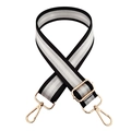Detail of adjustable 3.8cm striped bag strap with gold metal hooks and sliding buckle - Black