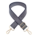 Detail of navy blue and white herringbone bag strap with polished gold metal hooks - Gold Buckle / Dark Blue