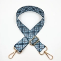 Close-up of adjustable blue plaid wide shoulder strap with gold-plated metal hardware - Blue Plaid