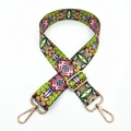 Close-up of bohemian ethnic print wide shoulder strap with gold lobster clasps and buckles - Brilliant Green Pattern