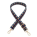 Close-up of adjustable woven strap with colorful checkerboard pattern and gold metal hooks - Blue Brick Red Beige