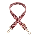 Adjustable woven strap featuring red pink and white geometric V-shaped patterns with gold buckles - Pink Brown Coffee
