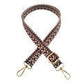 Close-up of geometric woven shoulder strap with gold metal lobster clasps and buckle - Army Green Purple