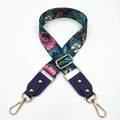 Floral print wide bag strap with purple leather ends and gold metal rotating hooks - Silver Clasp / Deep Blue Floral/Purple Leather