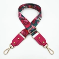 Detail of adjustable floral printed wide handbag strap with pink leather and gold rivets - Silver Clasp / Pink Orange Floral/Pink Leather