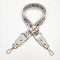 Adjustable wide shoulder strap with ethnic embroidery and gold metal lobster clasps - White & Brown Flowers + White Leather