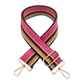 Macro view of adjustable striped bag strap featuring colorful knit and gold metal buckles - Gold Buckle / Rose Red Yellow