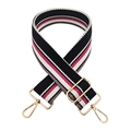 Adjustable wide woven shoulder strap with black, pink, and white striped pattern and gold hooks - Gold Buckle / Black Rose Red