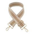 Detail of khaki nylon bag strap with white stripes and gold adjustable metal hardware - Gold Buckle / Khaki