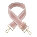 Detail of adjustable 5cm wide pink and white striped shoulder strap with gold metal hooks - Gold Buckle / Pink