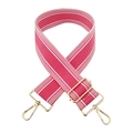 Close-up of pink and white striped 5cm wide bag strap with gold metal swivel snap hooks - Peach Pink