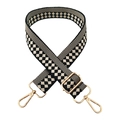 Detail of adjustable checkerboard shoulder strap with gold-tone metal lobster clasps - Gold Buckle / Black and Beige Checkered