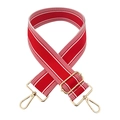 Detail of red 5cm wide bag strap with white stripes and adjustable gold metal buckle - Red