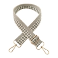 Detail of gray and beige checkered woven shoulder strap with gold metal lobster clasps - Beige and Grey Checkered