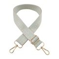Detail of blue and beige checkered woven shoulder strap with gold metal lobster clasps - Beige and Light Blue Checkered