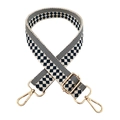 Detail of adjustable woven wide shoulder strap with blue checkered jacquard and gold hooks - 13-Beige and Dark Blue Checkered