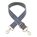 Close-up of checkered jacquard strap with gold metal lobster hooks and adjustable buckle - 14-Beige and Royal Blue Checkered