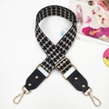 Adjustable houndstooth woven wide shoulder strap with leather ends and gold metal buckles - Gold Buckle / Black Houndstooth