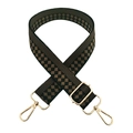 Detail of checkered woven wide bag strap with gold metal lobster clasps and buckles - 28-Black and Khaki Checkered