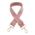 Detailed close-up of pink geometric embroidered wide shoulder strap with golden metal hooks - Gold Buckle / Pink