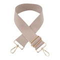 Close-up of 5cm beige and white striped woven shoulder strap with gold metal hooks - Gold Buckle / Khaki