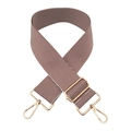 Close-up of adjustable 5cm wide striped canvas bag strap with golden metal hardware - Brown