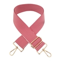 Close-up of adjustable red and white striped 5cm wide shoulder strap with gold metal hooks - Red