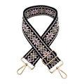 Close-up of ethnic geometric embroidered bag strap with gold metal lobster clasps - Gold Buckle / Black Base-Pink