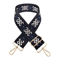 Close-up of geometric ethnic embroidery on navy wide strap with gold hardware - Gold Buckle / Black Base-Blue