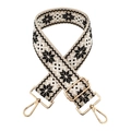 Close-up of 5cm ethnic jacquard bag strap with geometric patterns and gold metal hooks - Beige Black