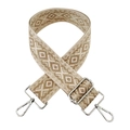 Detail of 5cm ethnic jacquard bag strap with silver metal swivel hooks and geometric patterns - Gold Arrow + Silver Buckle