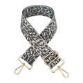 Detail of grey leopard print bag strap with adjustable golden metal buckles and lobster clips - Silver Clasp / Silver Lurex Leopard