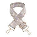 Detail of floral embroidery on adjustable beige bag strap with gold swivel hooks - Beige Base Light Purple