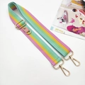 Detail of multi-color striped canvas bag strap with gold metal hooks and pink leather accents - Single Shoulder Strap / Rainbow