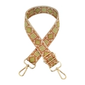 Detail of adjustable woven purse strap with orange-green geometric pattern and gold buckles - 7-Beige Brown Yellow Green