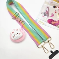 Rainbow striped shoulder strap with gold metal hooks and a plush pink bunny charm - Strap + Cartoon Bag + Phone Gasket / Rainbow