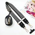 Detail of ethnic style woven phone strap with round coin purse and metal hooks - Black White V Strap + Transparent Pouch + Gasket