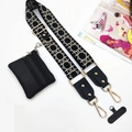 Adjustable beige and black geometric woven shoulder strap with leather coin purse detail - Grid Black Strap + Black Pouch + Gasket