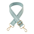 Macro detail of 3.8cm light blue and white herringbone woven strap with gold metal hooks - Light Blue
