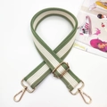Adjustable wide striped shoulder strap in green and beige with gold metal hooks - Gold Buckle / Bean Green